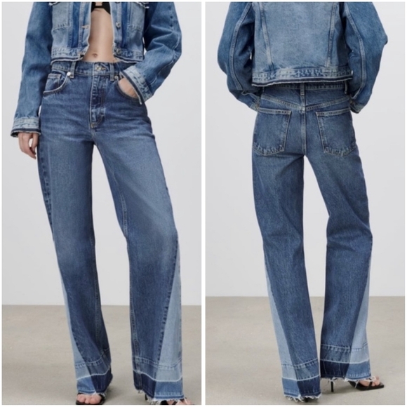 Zara Wide Leg Patchwork Collection Raw Hem Denim Jean 6 - Picture 1 of 7